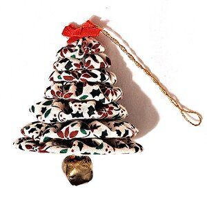 4 Handmade “Yo-yo Scrunchie” Christmas Tree Ornament wht with holly leaf details